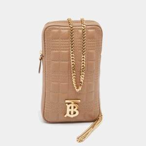 Burberry Camel Quilted Check Leather Mini Vertical Lola Crossbody Bag