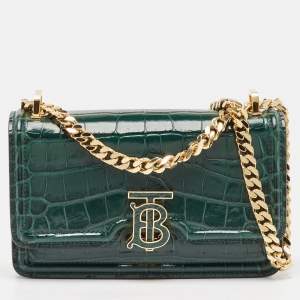 Pre Owned Burberry Green Croc Embossed Patent Leather TB Elongated Chain Bag