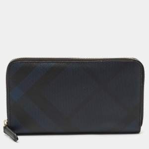 Burberry Navy Blue/Black London Check Coated Canvas Travel Continental Wallet
