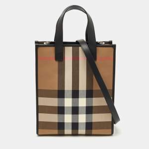 Burberry Black/Beige House Check Fabric Small N/S Book Tote