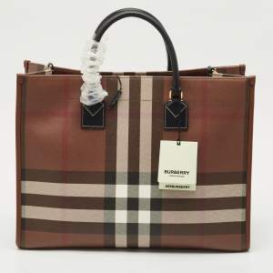 Burberry Brown/Black Check Coated Canvas and Leather Medium Freya Tote
