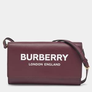 Burberry Burgundy Leather Logo Flap Wallet Crossbody Bag