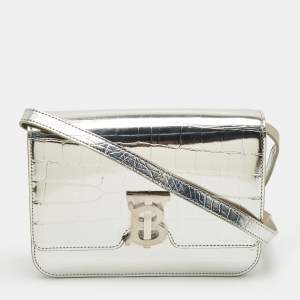 Pre Owned Burberry Silver Croc Embossed Patent Leather Small TB Shoulder Bag
