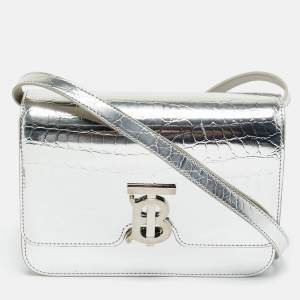 Pre Owned Burberry Silver Croc Embossed Patent Leather Small TB Shoulder Bag