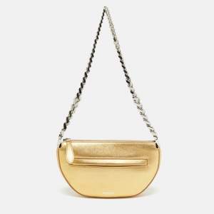 Pre Owned Burberry Gold Leather Mini Olympia Zip Chain Bag