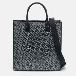 Pre Owned Burberry Black/White TB Logo Leather Vertical Denny Tote