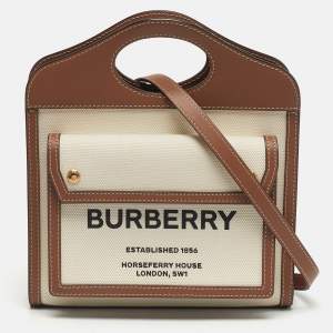 مملوكة مسبقًا حقيبة يد توتس بربري جيب ميني قماش وجلد بني/أوف وايت