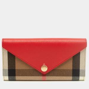 Pre Owned Burberry Halton Red/Beige Leather and House Check Canvas Continental Wallet