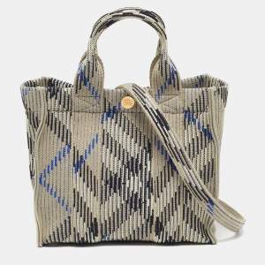 Pre Owned Burberry Grey/Blue Check Knit Fabric Tote