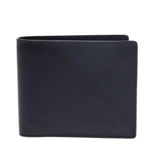 Pre Owned Burberry Navy Blue Check Coated Canvas Bill Bifold Wallet