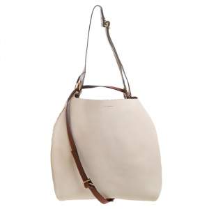 Pre Owned Burberry Beige/Brown Leather and Fabric Medium Grommet Hobo