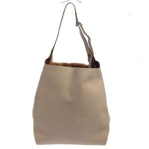 Pre Owned Burberry Beige/Brown Leather and Fabric Medium Grommet Hobo