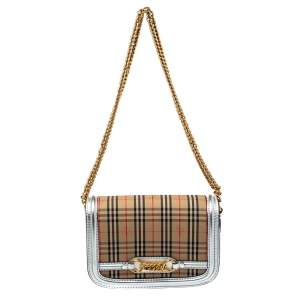 مملوكة مسبقًا Burberry Silver/Beige Haymarket Check Canvas and Leather Link Flap Shoulder Bag