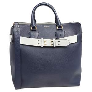 Burberry Blue/White Grained Leather Large Belt Tote