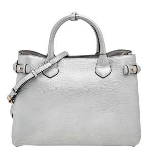 Burberry Silver Leather And House Check Canvas Banner Tote