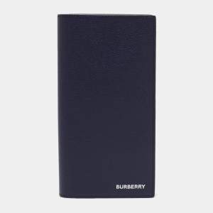 Pre Owned Burberry Navy Blue Grained Leather Cavendish Bifold Wallet
