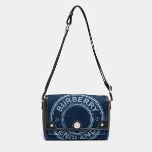 مملوكة مسبقًا Burberry Blue/Black Denim And Leather Medium Note Logo Print Crossbody Bag