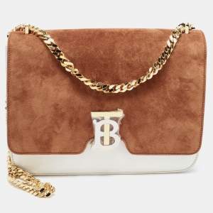 Pre Owned Burberry Brown/White Suede and Leather Medium TB Shoulder Bag