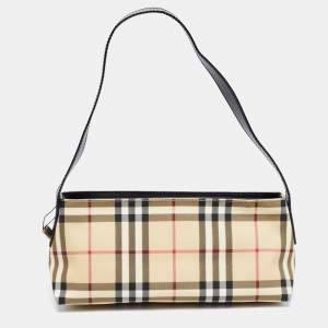 Pre Owned Burberry Black/Beige House Check PVC and Leather Monroe Shoulder Bag