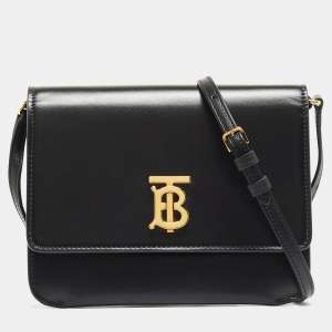 Pre Owned Burberry Black Leather Mini TB Flap Crossbody Bag