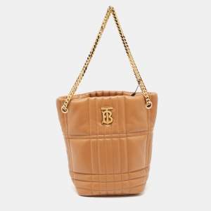 Pre Owned Burberry Brown Embossed Check Leather Small Lola Bucket Bag