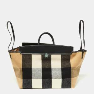 Pre Owned Burberry Black/Beige Check Wool and Leather XL Society Holdall Tote