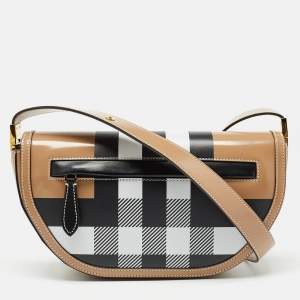 Pre Owned Burberry Beige Check Patent and Leather Small Olympia Shoulder Bag