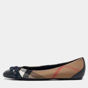 Burberry Brown/Blue Nova Check Canvas and Leather Buckle Detail Ballet Flats Size 37.5
