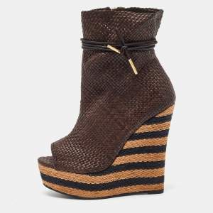 Pre Owned Burberry Brown Woven Leather Raffia Platform Wedge Ankle Length Boots Size 38