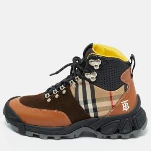 Pre Owned Burberry Multicolor Leather and Suede Tor Hiking Boots Size 36.5