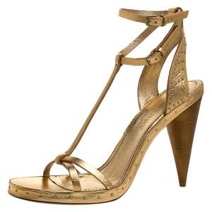 Burberry Metallic Gold Leather Runway Hans T Strap Sandals Size 40