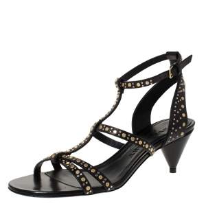 Burberry Black Studded Leather Hansel 55 T Strap Sandals Size 37
