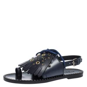 Pre Owned Burberry Navy Blue Leather Kiltie Fringe Eyelet Detail Flat Sandals Size 37