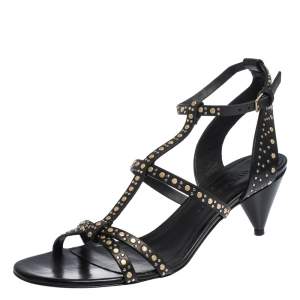 Burberry Black Leather Studded Hansel Cone Heel T Strap Sandals Size 40