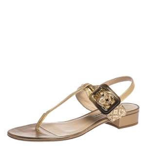 Burberry Gold Laser Cut Leather Ceilab Ankle Strap Thong Sandals Size 40