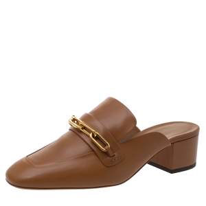 Pre Owned Burberry Camel Brown Leather Chill 45 Chain Detail Mules Size 39