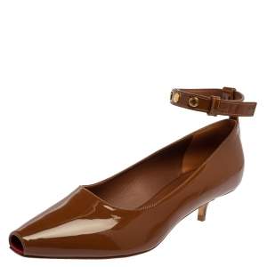 Pre Owned Burberry Brown Patent Leather Dill Kitten Heel Ankle Cuff Pumps Size 38
