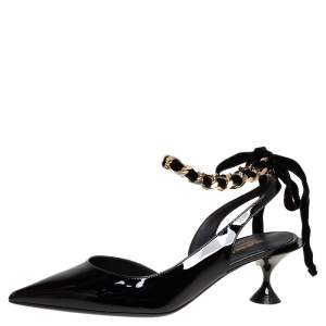 Pre Owned Burberry Black Patent Leather Chain Detail Ankle Wrap Slingback Pumps Size 36.5