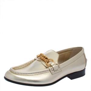 Burberry Metallic Gold Leather Solway Chain Detail Slip On Loafers Size 39.5