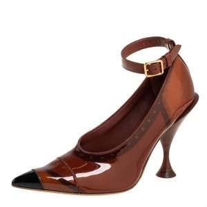 Pre Owned Burberry Brown/Black Patent Leather Brecon Ankle Strap Pumps Size 39