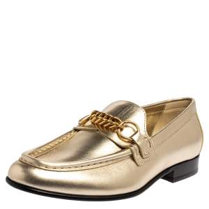 Burberry Light Gold Leather Solway Chain Detail Slip on Loafers Size 38.5