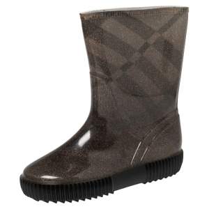 Pre Owned Burberry Grey Check Knit Fabric And PVC Rain Boots Size 35/36