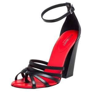 Burberry Black/Red Leather Hove Heel Ankle Strap Sandals Size 39