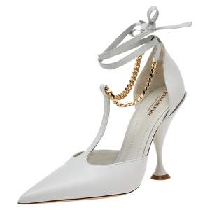 Pre Owned Burberry Pebble Grey Leather Welton Chain Detail T-Strap Ankle-Tie Pumps Size 39