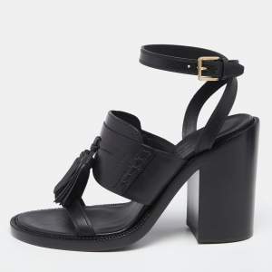 Burberry Black Leather Bethany Tassel Detail Block Heel Ankle Strap Sandals Size 40