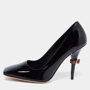 Pre Owned Burberry Black Patent Leather D-ring Square Toe Pumps Size 37.5
