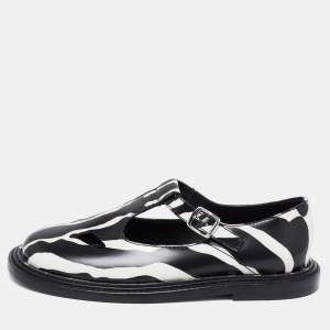 Burberry Black/White Leather Zebra Print T Bar Loafers Size 39.5 