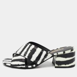 Pre Owned Burberry White/Black Leather Castlebar Slides Size 36.5