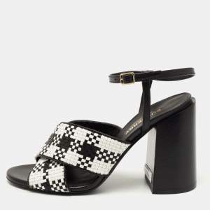Burberry White/Black Woven Leather Block Heel Sandals Size 36
