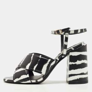 Burberry Black/White Leather Castlebar Block Heel Ankle Strap Sandals Size 38